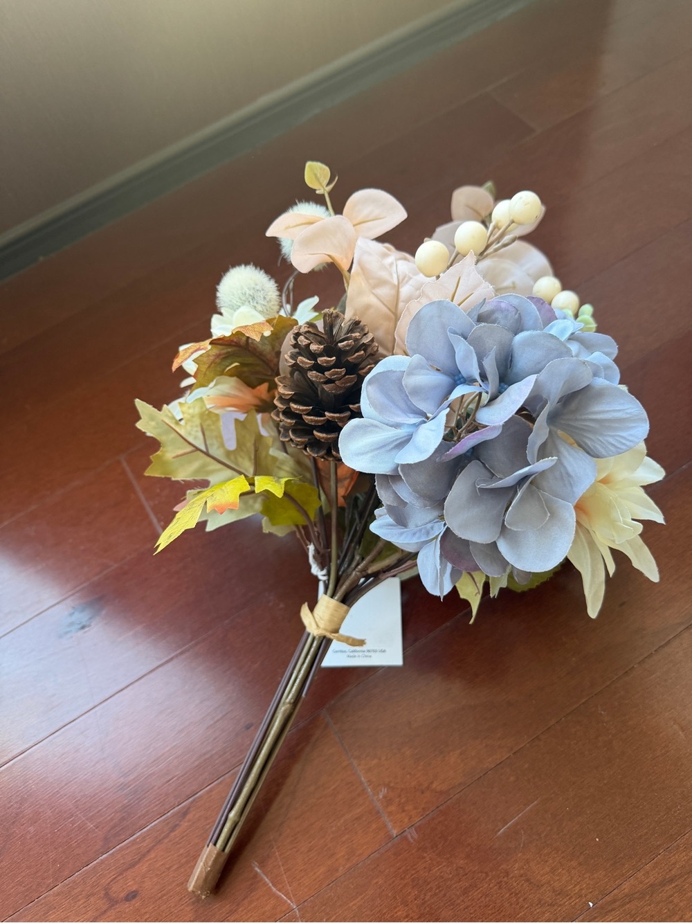Artificial Hydrangea & Pinecone Bouquet - Blue and Neutral Fall Accent